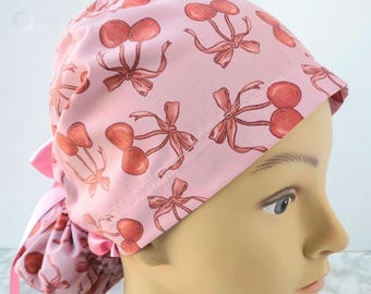 Euro ponytail scrub cap cherry bow,surgical cap ponytail,scrub cap cherry pink,doctor gift,scrub cap cherry retro