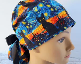 Van gho starry night cat black surgical cap europonytail cute,surgical cap kitties,scrub cat kawaii,veterinary cat black van gho