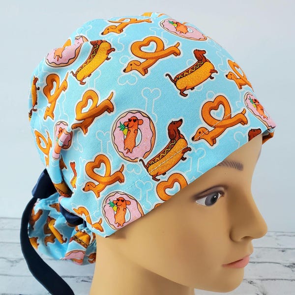europonytail Scrub Cap: Dachshund, Pretzel, and Hotdog Print, sausage adjustable