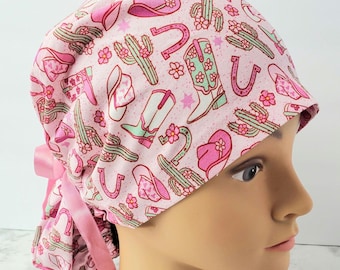 Euro Scrub cap western hat pink,scrub cap cowboy,scrub cap boots,scrub cap hat cowboy,scrub cap cactus pink
