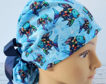 Euro ponytail scrub cap Rainbow fish,surgical cap funny fish,surgical cap  cute fish,doctor gift,scrub cap fish sea life