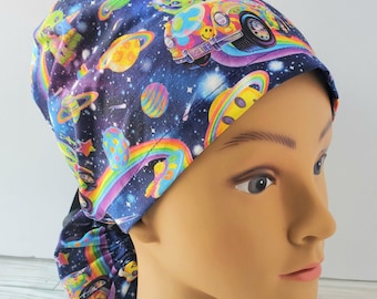 Euro ponytail scrub cap UFO,surgical cap ponytail funny,pediatric gift,surgical cap rainbow, doctor gift,scrub cap 80s, scrub cap alien