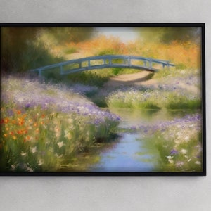 Watercolor Meadow and Bridge Printable Wildflower Landscape Flower Field Painting French Country Print  Impressionistic art boho French art