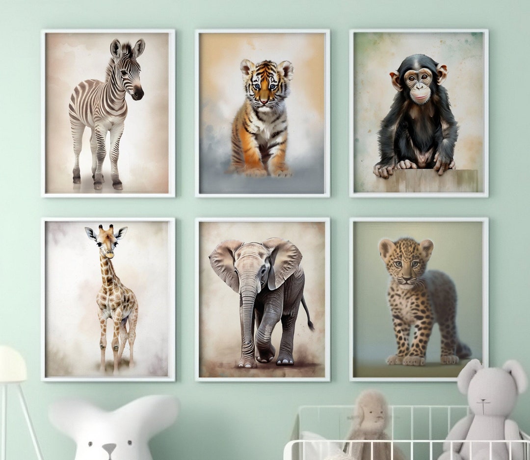 Cute Baby Animal Prints Set of 6 Kids Room Childrens Wall Art Décor ...