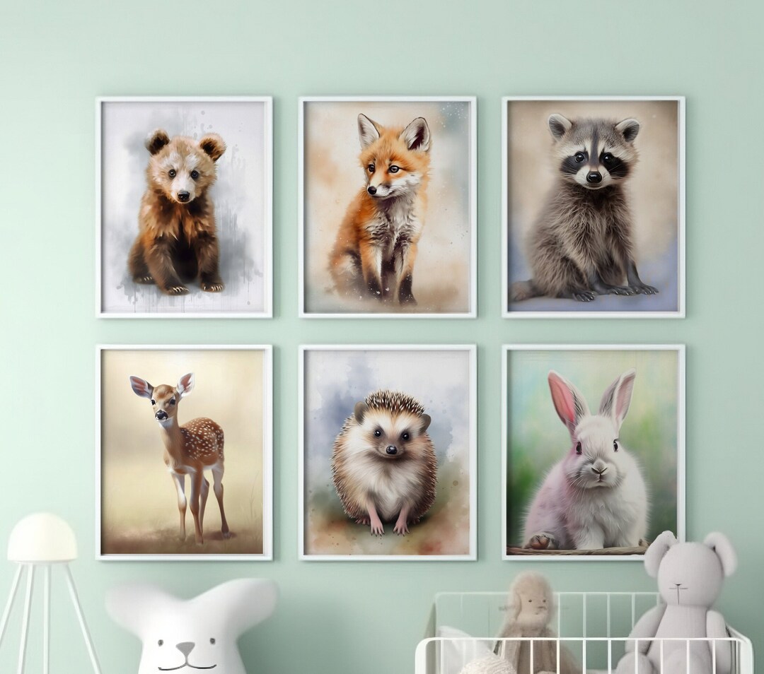 Cute Baby Animal Prints Set of 6 Kids Room Childrens Wall Art Décor ...