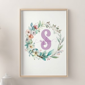 Custom Personalized Floral Monogram Initial and Name Print Floral Name Gift for Birth Nursery Room or Kids Room Wall Personalized Cards too