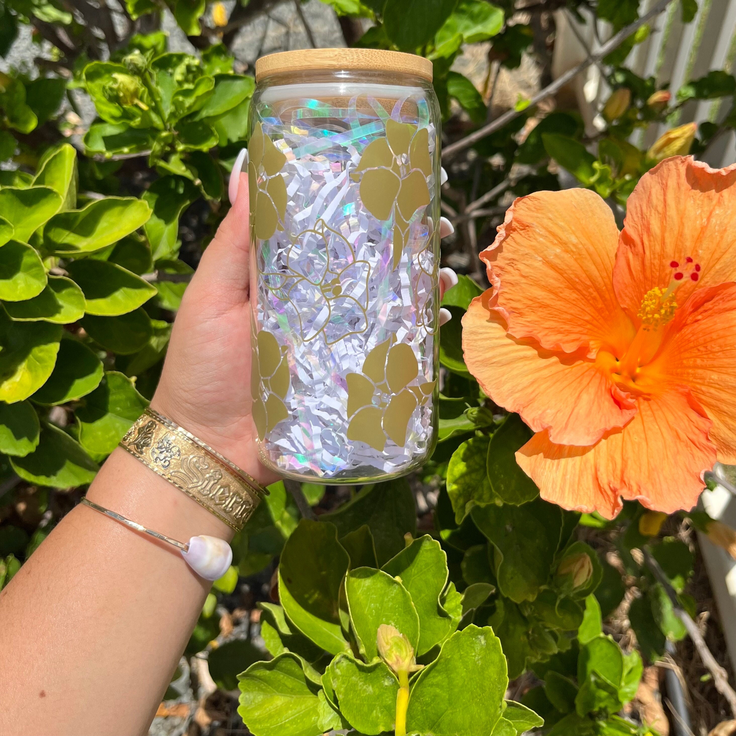 Hibiscus Butterflies with Name, Personalized 16 oz Libbey Glass Can with Bamboo Lid & Straw, Birthday Girl and Squad Glass Tumbler from BluChi