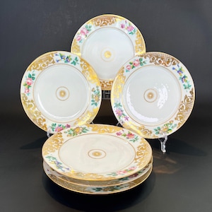 Antique Victorian Porcelain Plates Set: Hand-Painted Floral Gilt, France 1830s-1850s