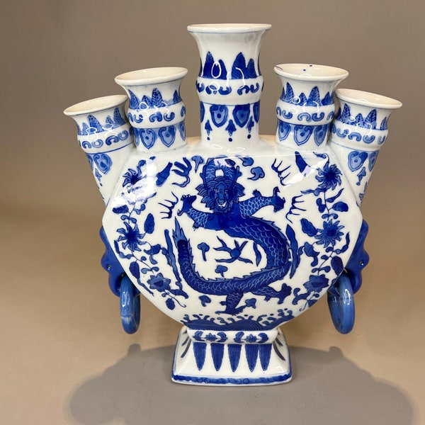 Large Chinoiserie Tulipiere Cottage Five Finger Vase Bud Chinese Dragon Blue and White Five Finger Tulip Vase