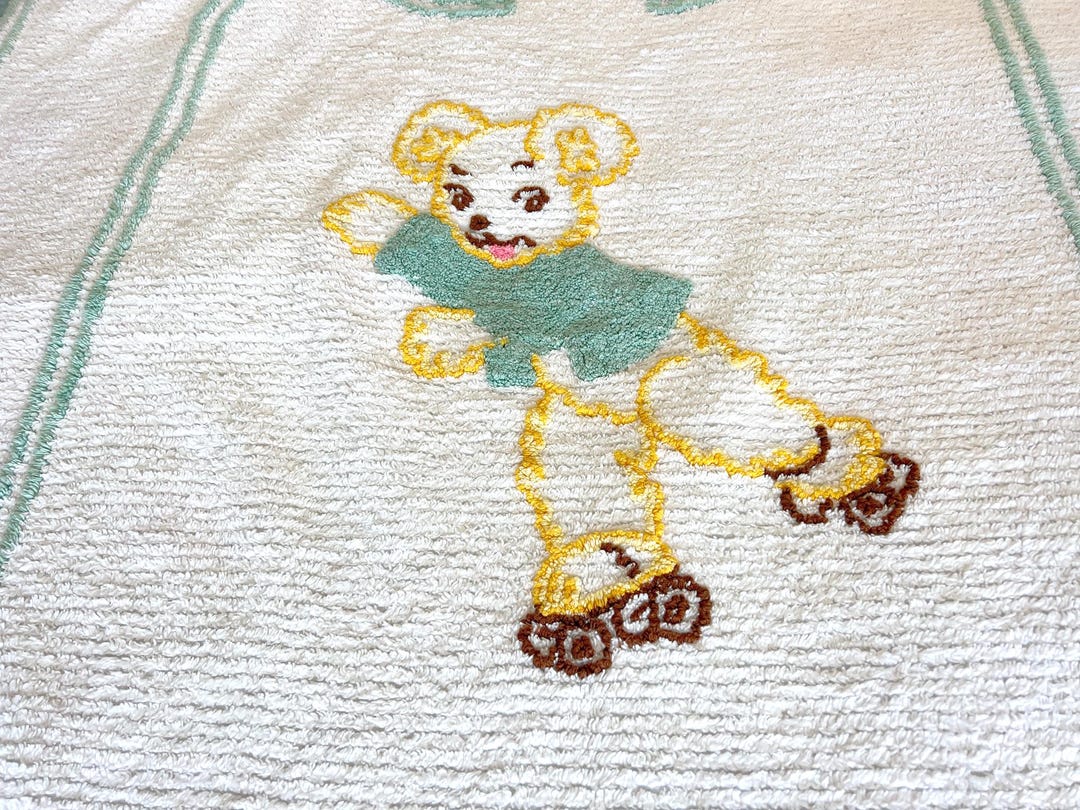 Vintage 50s Chenille Baby Blanket: Teddy Bear on Skates Crib Bedspread ...