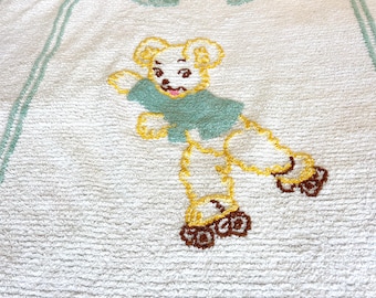 Vintage 50s Chenille Baby Blanket: Teddy Bear on Skates Crib Bedspread
