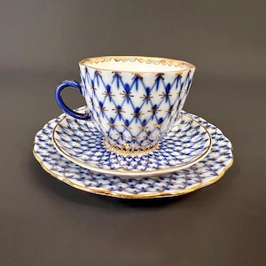 Vintage Imperial Lomonosov Porcelain Cobalt Blue Gold Net Demitasse Tea Cup, Saucer & Dessert Plate Set Russian USSR