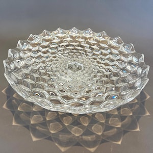 Large Vintage Fostoria 16” American Clear Cubist Footed Salver Tray Bowl  (Stem 2056), MCM Large Cubist Glass Tray