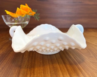 Vintage Fenton White Milk Glass Hobnail Double Handle Ruffle Edge Bon Bon Dish
