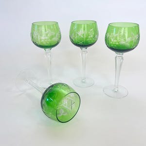 Bohemian Czech Vintage - Set of 4 - Cut to Clear Emerald Green 8 1/4&quot; Tall Hock Wine Glasses