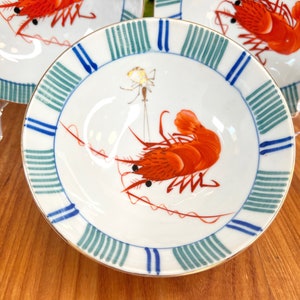 Set of 3 Vintage Hawaiian Rice Soup Bowls Plates 1960's Y.Y Yonemoto Store Made in Japan Hand Painted Ebi Shrimp Prawn w Gold RARE