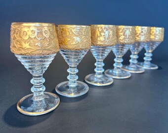6 Vintage Antique Spring Orchard Gold Encrusted Cordial Glasses 1930s Paden City Hollywood Regency Art Deco Glasses