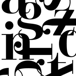May include: A black and white graphic print featuring a dense, overlapping arrangement of various serif and sans-serif typographic characters. The letters are layered in different sizes and orientations, creating a complex, high-contrast composition.