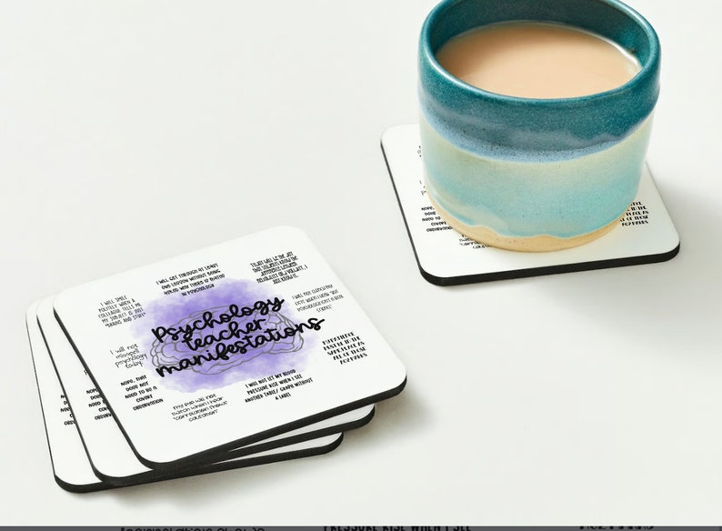 May include: Set of four white square coasters with black borders. Each coaster features a purple watercolor brain with the text "Psychology teacher manifestations" and a list of humorous statements about psychology teachers.