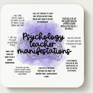 May include: Purple and gray watercolor background with a brain outline. Text reads "Psychology teacher manifestations" with a list of humorous affirmations for psychology teachers.