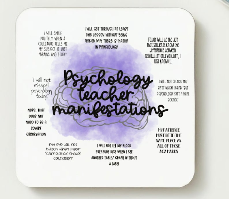May include: Purple and gray watercolor background with a brain outline. Text reads "Psychology teacher manifestations" with a list of humorous affirmations for psychology teachers.