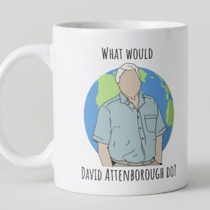 May include: White ceramic mug featuring a cartoon illustration of David Attenborough standing in front of a blue and green globe. The text "What would David Attenborough do?" is printed on the mug.