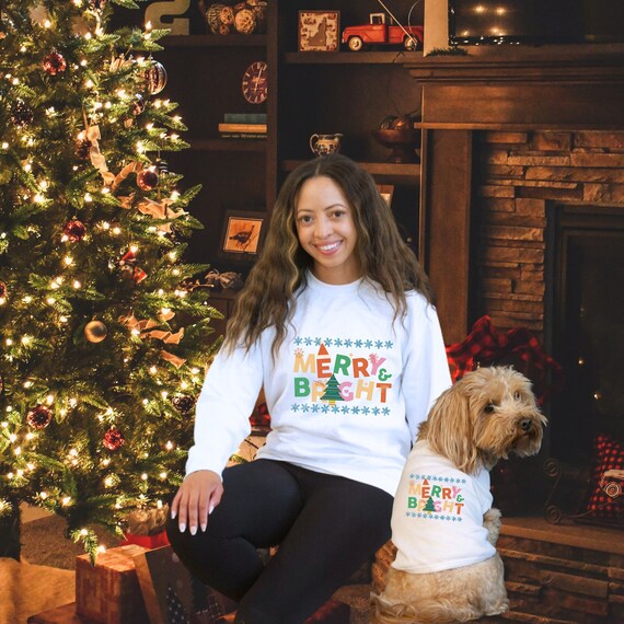 Merry & Bright dog shirt, matching Christmas, Christmas apparel, dog clothes, holiday matching set, family pajama set, Christmas cheer
