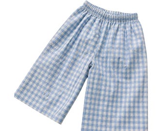 Pantalones anchos de cuadros vichy para niños pequeños, cintura elástica, unisex, algodón reciclado, hechos a mano 100% algodón.