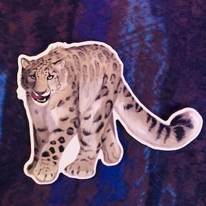 Puede incluir: Una pegatina de un leopardo de las nieves blanco y gris con manchas negras. El leopardo camina con la lengua fuera.