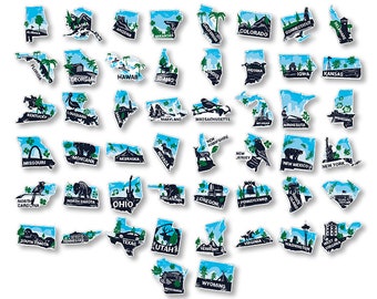 May include: A set of 50 state outline stickers with a blue background and a white outline. Each state has a unique graphic design representing the state. The stickers are perfect for decorating laptops, water bottles, notebooks, and more.