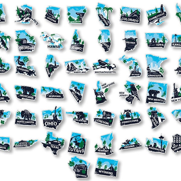 Sheet of 50 Green Blue & Black 1 inch tall: All US State Shaped Stickers (small fun u.s. scrapbooking vinyl decal)