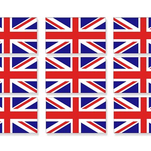 Pode incluir: Nove pequenas bandeiras da Union Jack, cada uma com uma cruz vermelha sobre um campo branco, cercada por uma borda azul. As bandeiras estão dispostas em três filas de três.