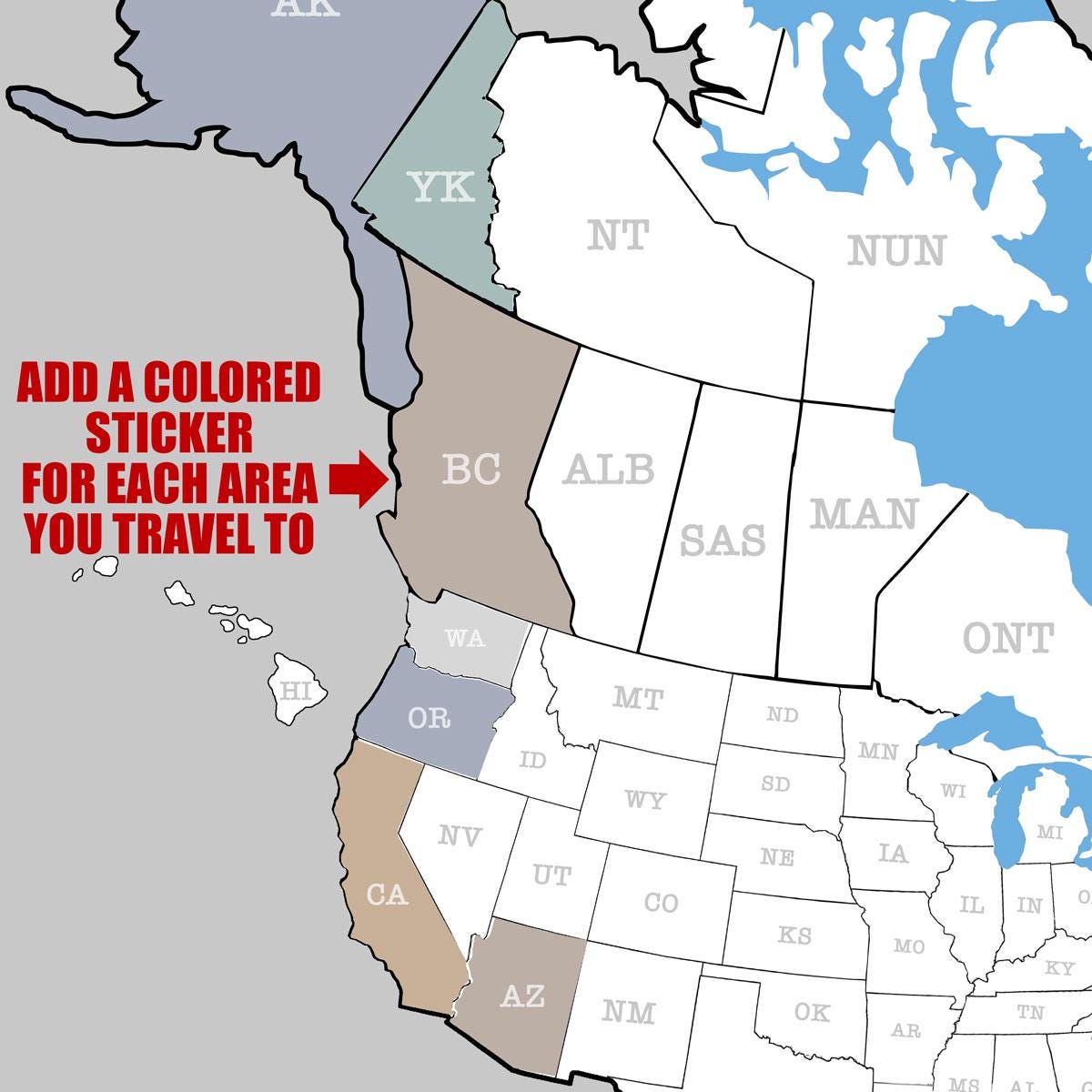24x24 Inch USA and Canada 63 State and Province Stickers Plus Master ...