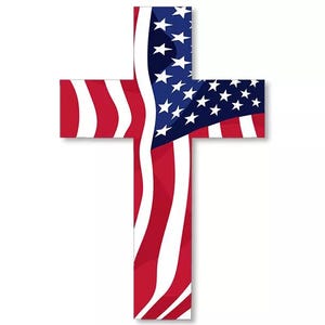 May include: A wooden cross with an American flag design. The flag is red, white, and blue with stars and stripes.