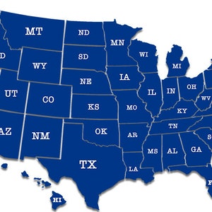 Autocollants individuels bleus en forme de carte des États-Unis, 50 États, 7,5 x 12 pouces (autocollants en vinyle d'extérieur en vinyle pour camping-car, voiture, camion, suv)