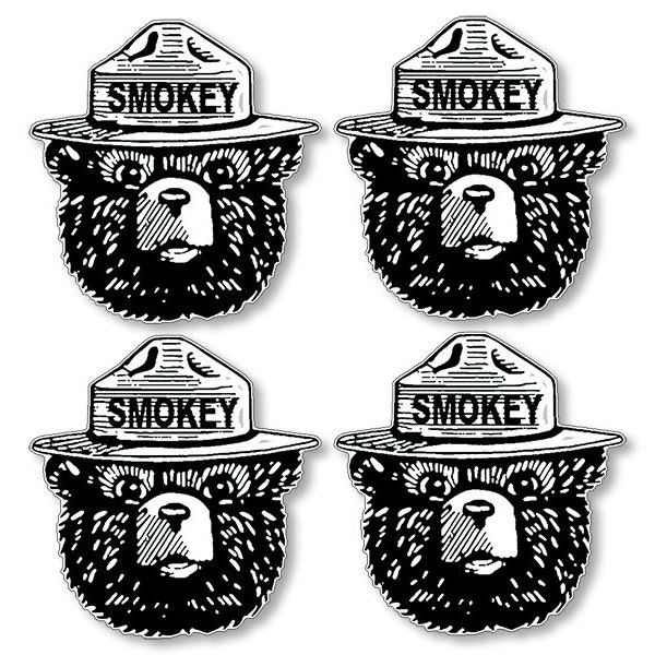 4 Pack 1.5 inch: Black & White Smokey Bear Face Sticker (US Forestry Cell Phone Small Laptop Camp Hike)