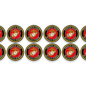 May include: Twelve round stickers with a black and gold border and a red center. The center features the U.S. Marine Corps emblem with the words "Proud Mom of a U.S. Marine".