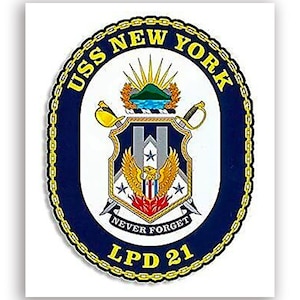 Adesivo com insígnia do U.S.S. New York de 3 x 4 pol. (decalque de vinil para automóveis, caminhões, trailers, laptops, iPhones, celulares, selos, logotipos, navios, marinhas, USN NY) Licença da Marinha dos EUA.