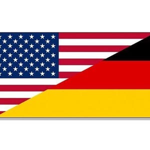 May include: A rectangular graphic featuring the flags of the United States and Germany. The left side displays the U.S. flag with its blue field of stars and red and white stripes. The right side shows the German flag's black, red, and yellow bands.