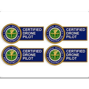 May include: Four blue and gold stickers with the Federal Aviation Administration logo and the text "CERTIFIED DRONE PILOT".