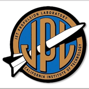 May include: A blue and gold circular logo with the text "Jet Propulsion Laboratory, California Institute of Technology" and the letters "JPL" in the centre. A white rocket is depicted in the logo.