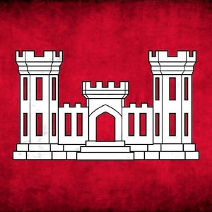 Könnte beinhalten: Ein weißes schlossartiges Gebäude mit zwei Türmen auf rotem Hintergrund. Das Gebäude ist ein Symbol der deutschen Armee.
