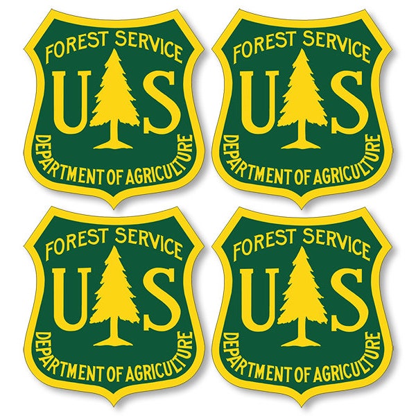 4-pack: 1.5 inch Green & Yellow Forestry Shield Shaped Sticker (scrapbook small logo camp badge hike) Licensed By US Forest Service