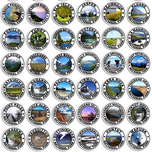 May include: A collection of 36 round stickers featuring the names and logos of Canadian National Parks. Each sticker has a white background with black text and a black border. The stickers feature images of various landscapes, animals, and landmarks from each park.