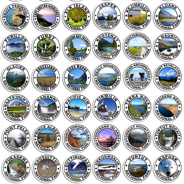 Sheet of 42: 1 inch Round CANADIAN National Parks Stickers (hike scrapbooking canada travel rv small)