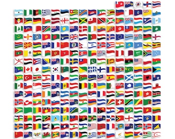 Könnte beinhalten: Ein farbenfrohes Raster von Flaggen aus verschiedenen Ländern der Welt. Jede Flagge weht im Wind.