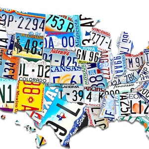 15x24 Inch Set of 50 Individual State Shaped License Plate PLUS a US Shaped Stencil Sticker (scrapbook auto decal) Add Each As You Travel!