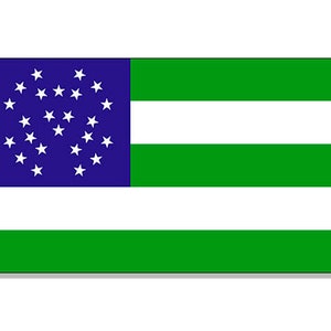Könnte beinhalten: Eine blaue Flagge mit 13 weißen Sternen in einem Kreis auf der linken Seite und fünf abwechselnd weißen und grünen Streifen auf der rechten Seite.