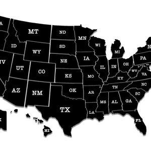7.5x12 Inch U.S. Shaped Map Of Black 50 States Individual Stickers (rv auto car truck rv laptop cell iphone travel outdoor vinyl decals)