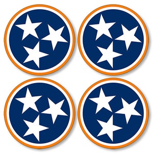 4-Pack Round Orange Tennessee Flag 3 Stars Sticker (vinyl decal auto car truck rv laptop cell iphone volunteers tenn vols tn)